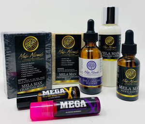 Mela Man Bundle includes Peppermint and Charcoal soap Daily Immune Face and Body Oil and Lotion MegaX and MegaX Fusion