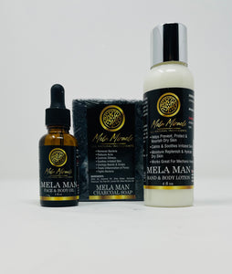 Mela Man Oil Lotion and Charcoal Soap Bundle moisturizes dry skin reduces acne and controls oiliness while repairing your skin