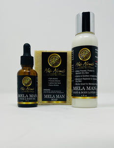 Mela Man Oil Soap and Lotion Bundle moisturizes dry rough skin while reducing dark spots wrinkles and unclogging pores 
