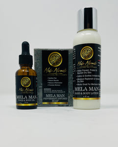 Mela Man Oil Lotion and Peppermint Soap Bundle moisturizes dry skin soothes pain and relaxes muscles while repairing skin